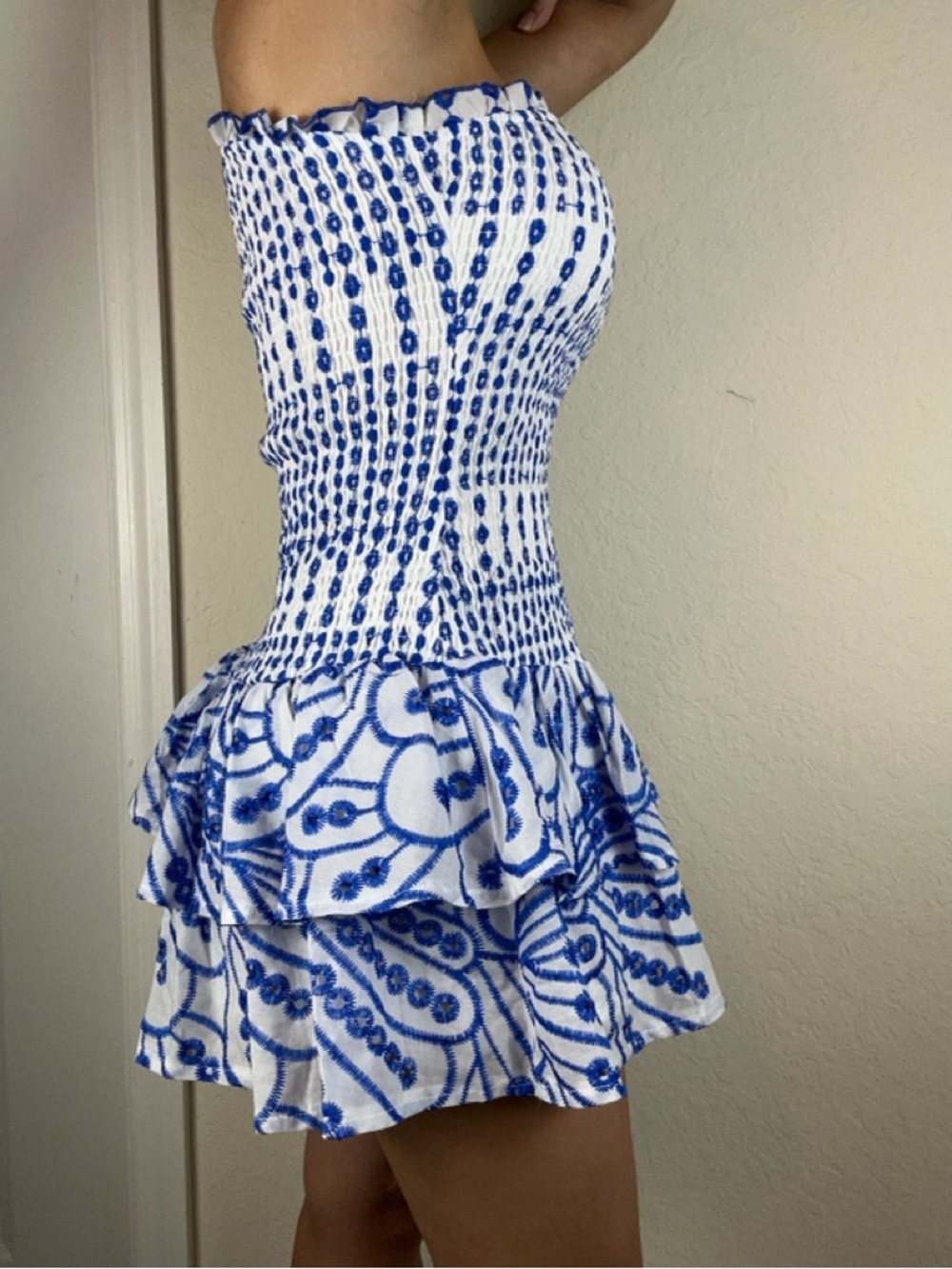 Hello Molly One Shoulder Mini Dress Size XS White Blue Embroidered Ruffle - Picture 6 of 11